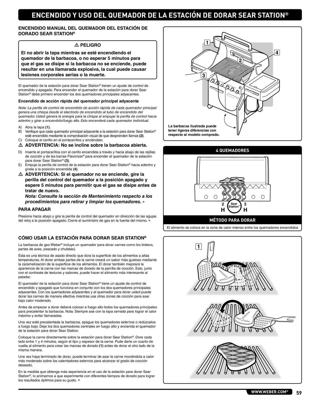 Weber E/S 470 LP  Advertencia No se incline sobre la barbacoa abierta, Cómo Usar LA Estación Para Dorar Sear Station 