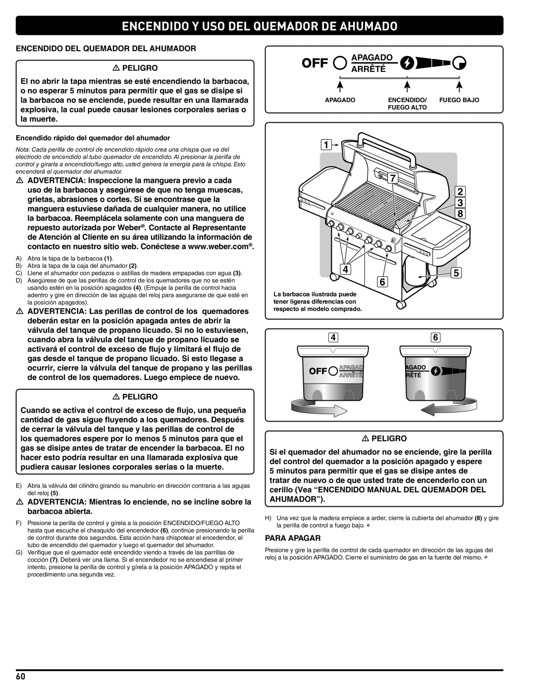 Weber 56211, E/S 470 LP manual Encendido Y USO DEL Quemador DE Ahumado, Encendido DEL Quemador DEL Ahumador 