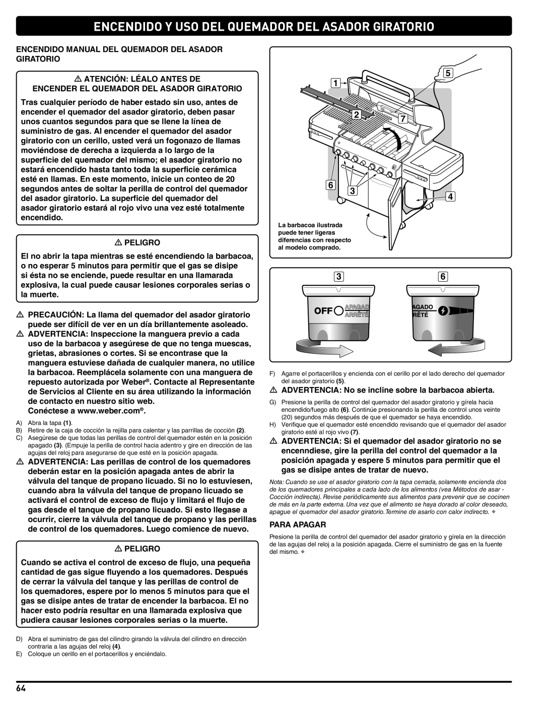 Weber 56211, E/S 470 LP manual Encendido Manual DEL Quemador DEL Asador Giratorio 