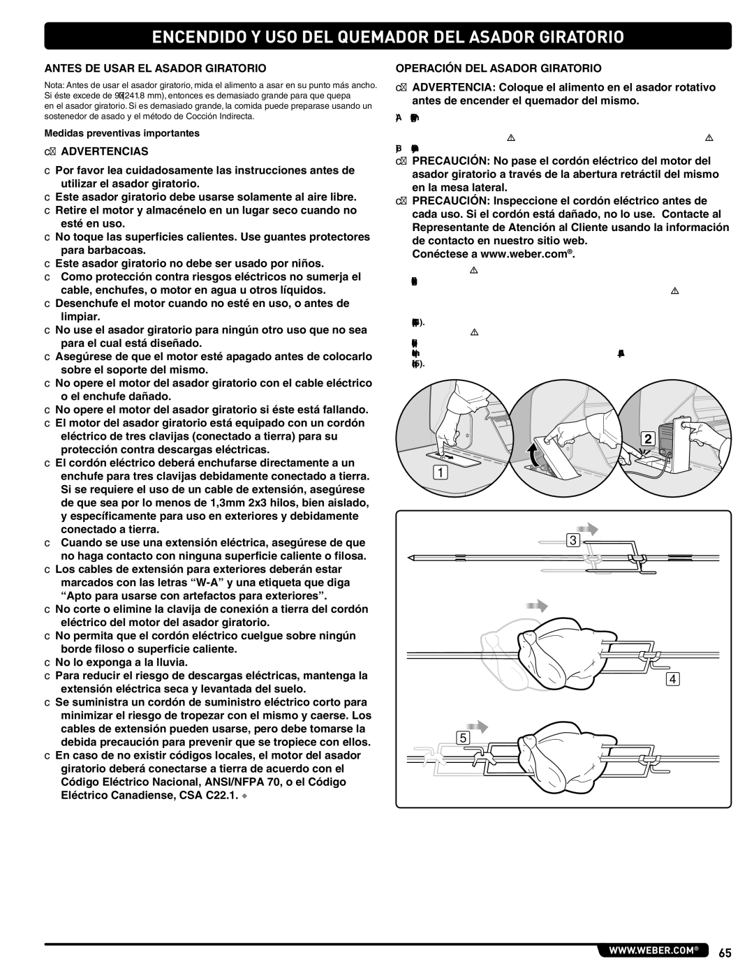 Weber E/S 470 LP, 56211 Antes DE Usar EL Asador Giratorio, Operación DEL Asador Giratorio, Medidas preventivas importantes 