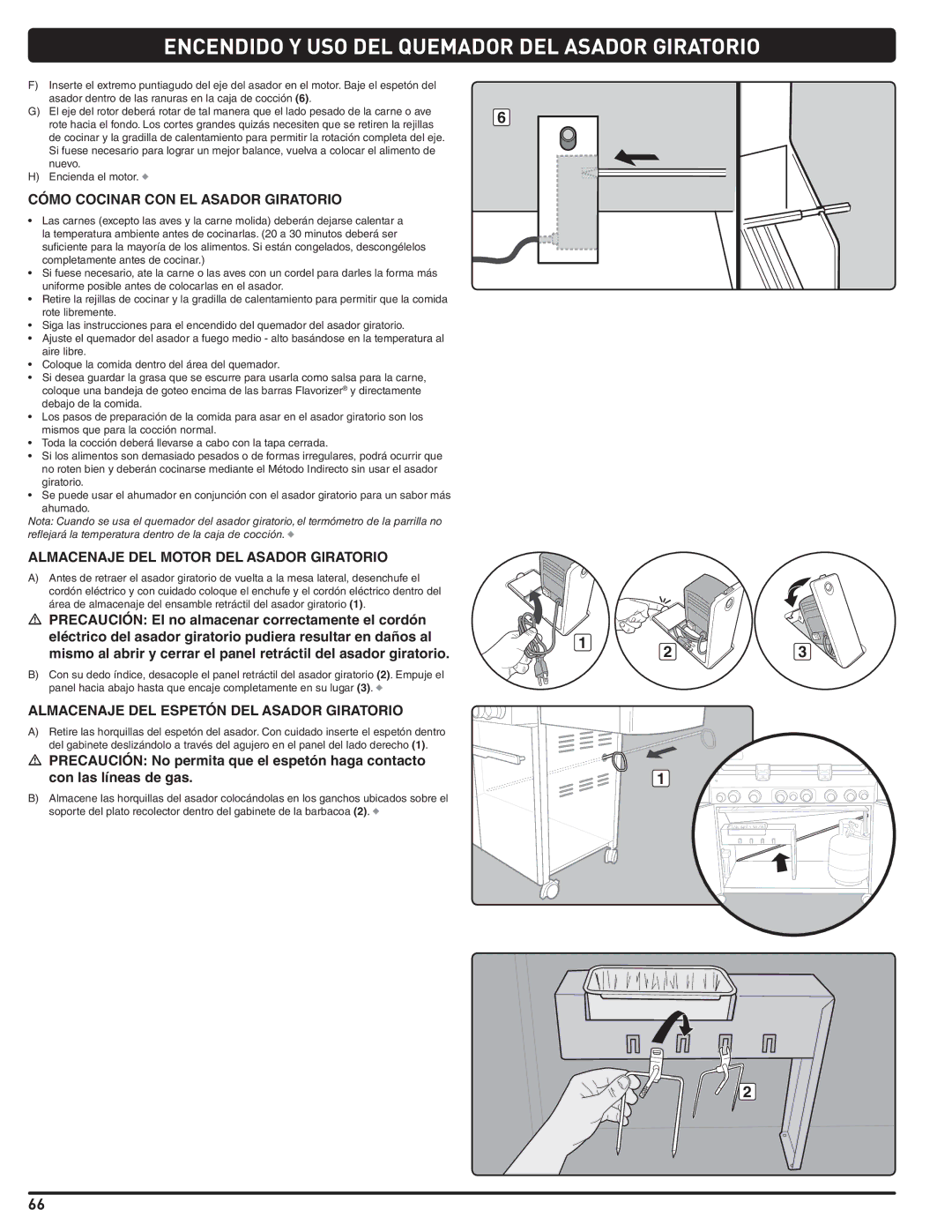 Weber 56211, E/S 470 LP manual Cómo Cocinar CON EL Asador Giratorio, Almacenaje DEL Motor DEL Asador Giratorio 