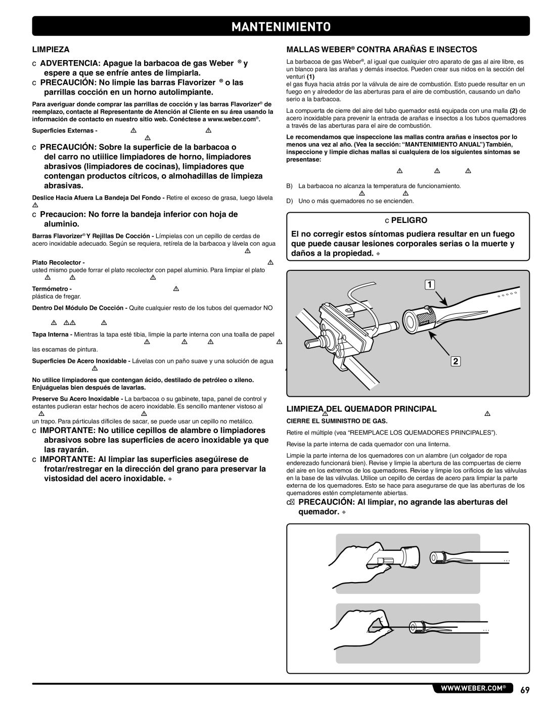 Weber E/S 470 LP, 56211 manual Mantenimiento, Mallas Weber Contra Arañas E Insectos, Limpieza DEL Quemador Principal 