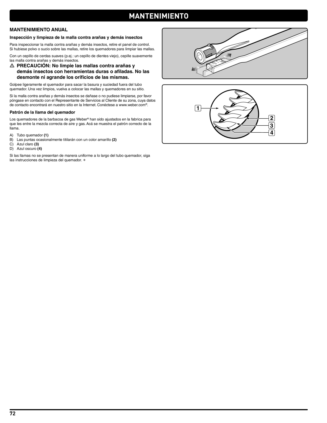 Weber 56211, E/S 470 LP manual Mantenimiento Anual, Patrón de la llama del quemador 