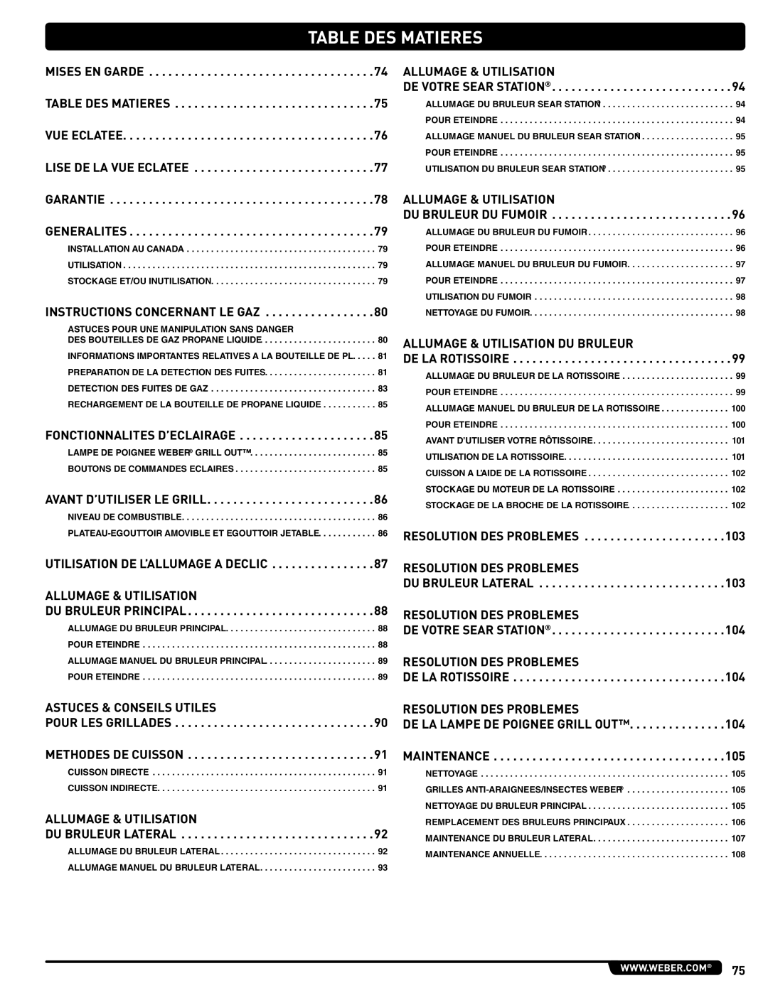 Weber E/S 470 LP, 56211 manual Table DES Matieres, Instructions Concernant LE GAZ 