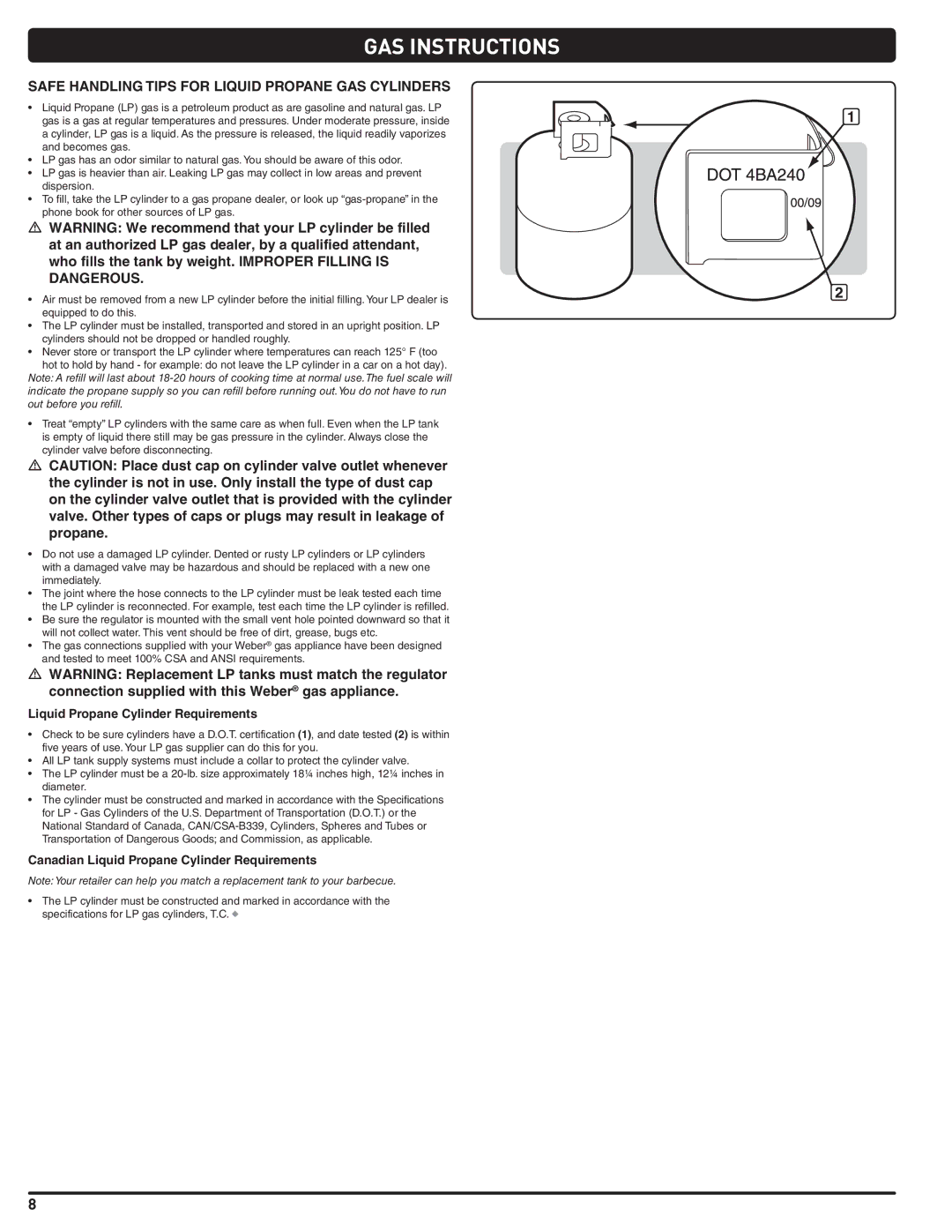 Weber 56211 GAS Instructions, Safe Handling Tips for Liquid Propane GAS Cylinders, Liquid Propane Cylinder Requirements 