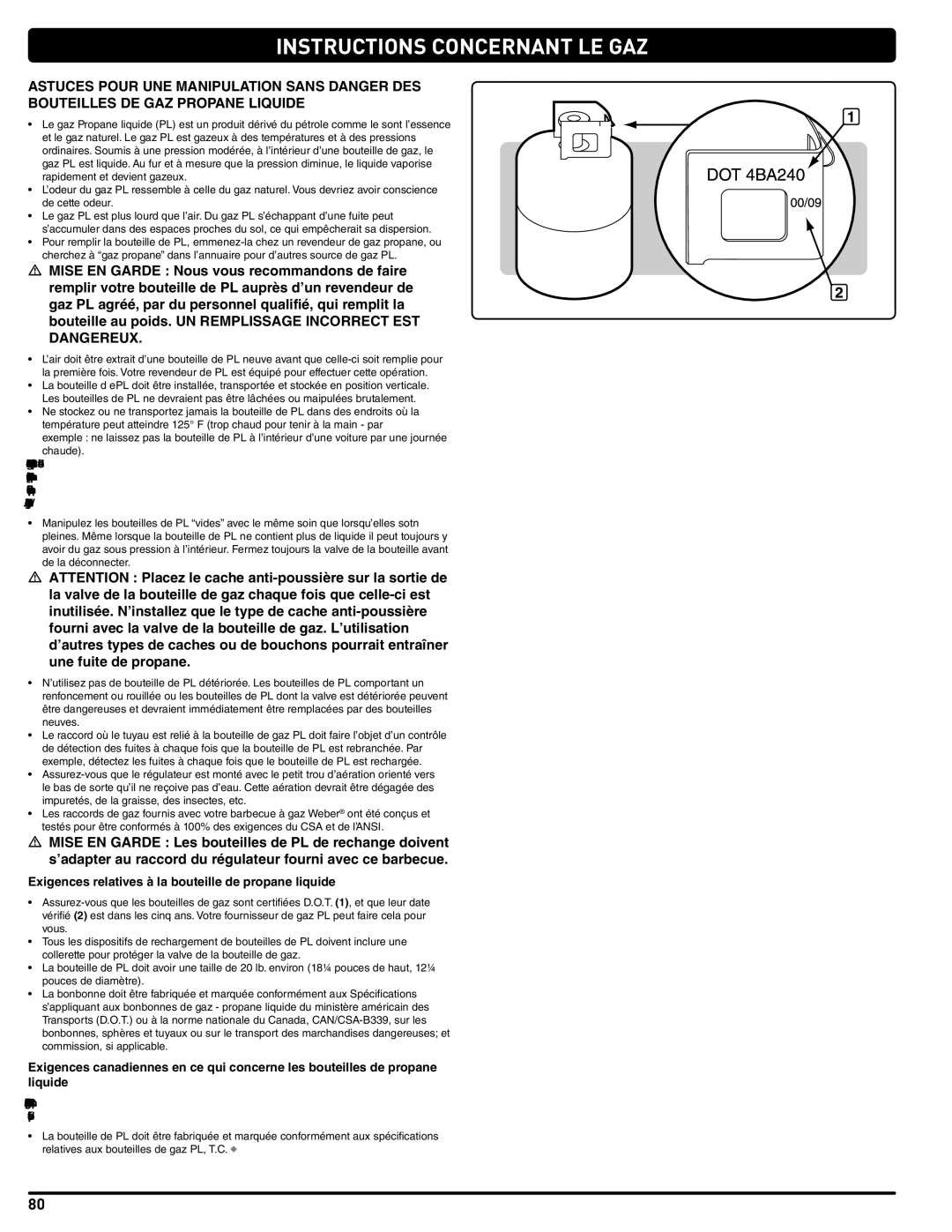 Weber 56211, E/S 470 LP manual Instructions Concernant LE GAZ, Exigences relatives à la bouteille de propane liquide 