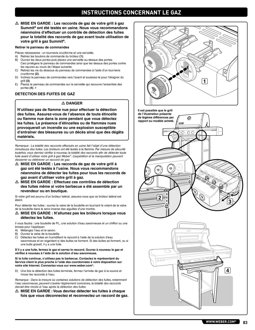 Weber E/S 470 LP, 56211 manual Detection DES Fuites DE GAZ, Retirer le panneau de commandes 