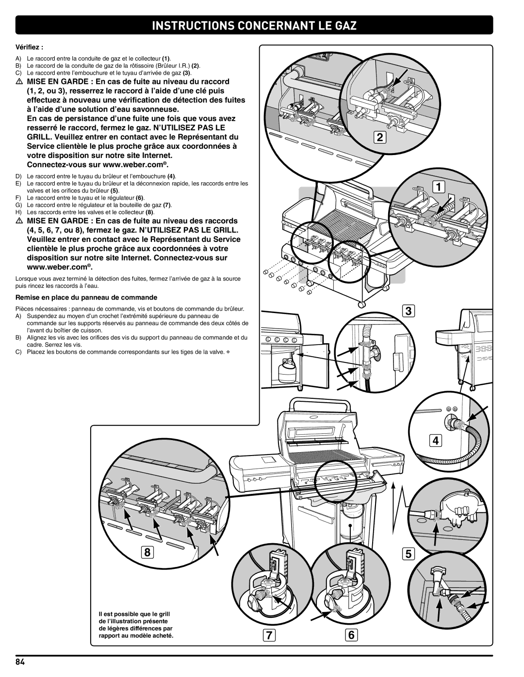 Weber 56211, E/S 470 LP manual Vérifiez, Remise en place du panneau de commande 