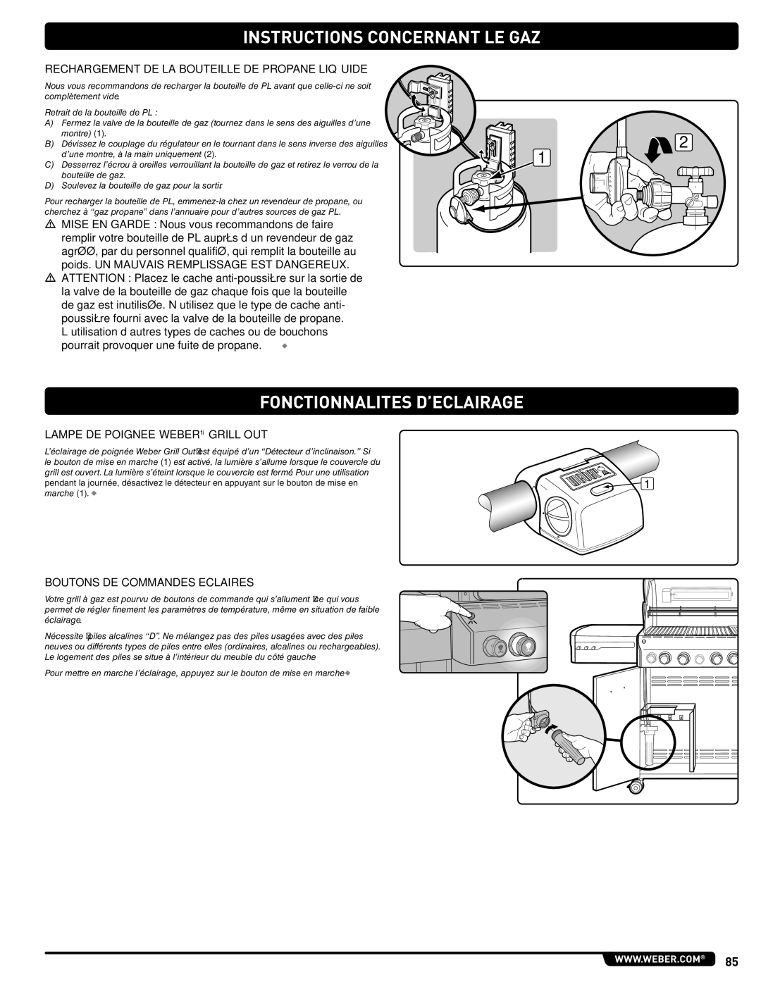 Weber E/S 470 LP, 56211 manual Fonctionnalites D’ECLAIRAGE, Rechargement DE LA Bouteille DE Propane Liquide 