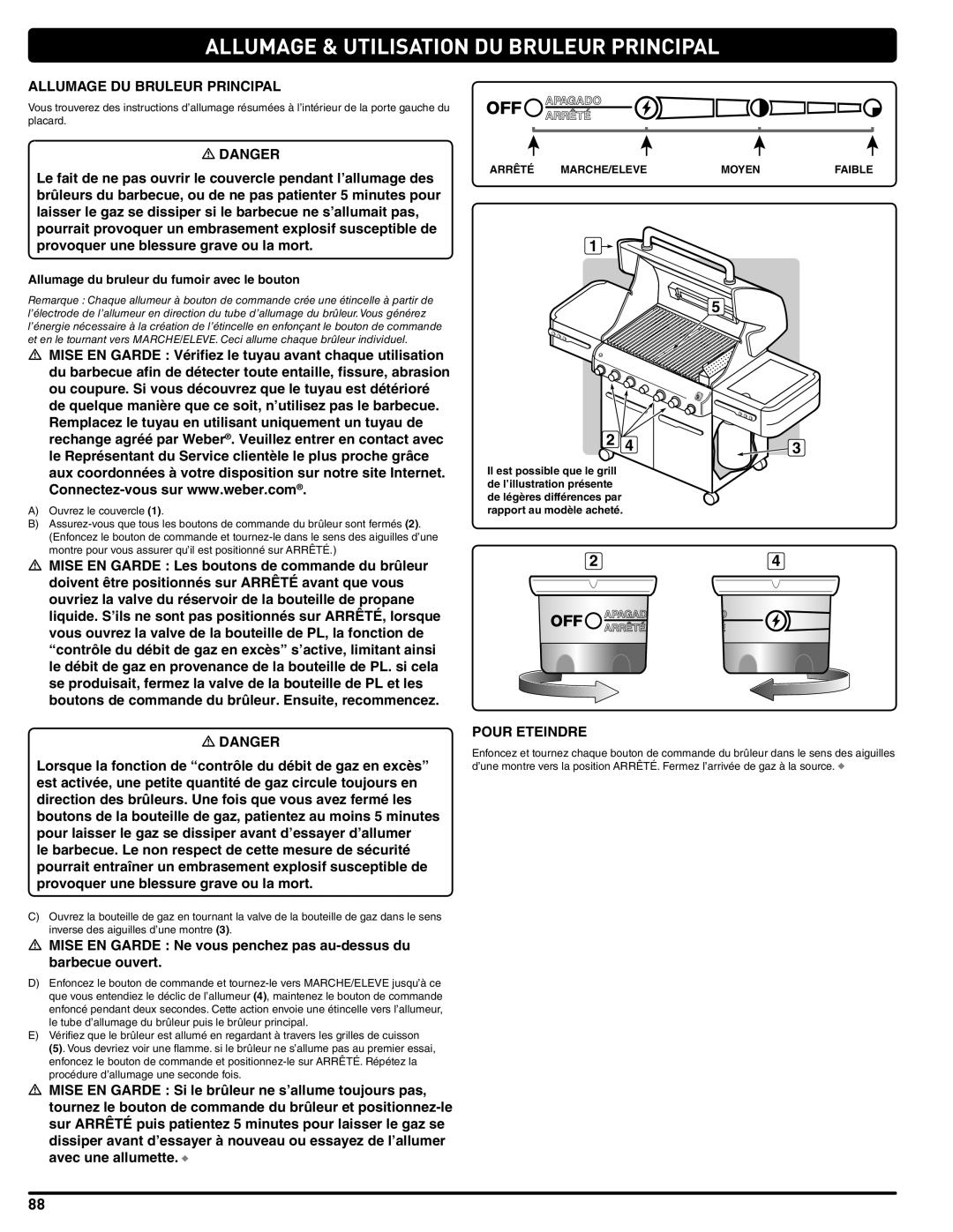 Weber 56211, E/S 470 LP manual Allumage & Utilisation DU Bruleur Principal, Allumage DU Bruleur Principal, Pour Eteindre 