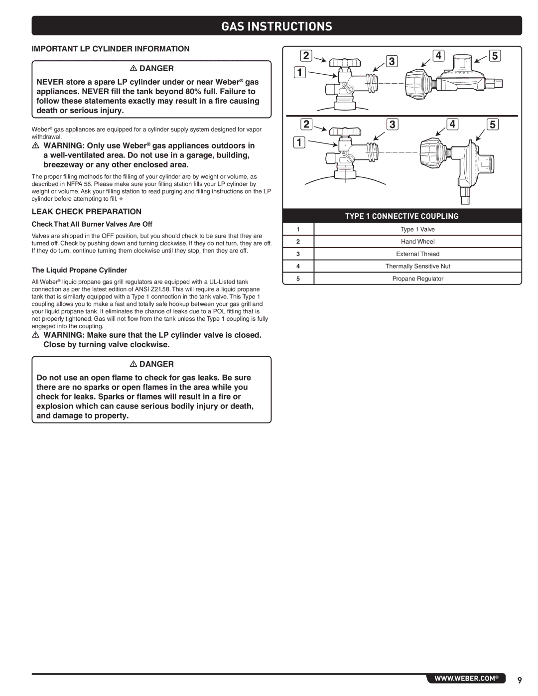 Weber E/S 470 LP, 56211 Important LP Cylinder Information, Leak Check Preparation, Check That All Burner Valves Are Off 