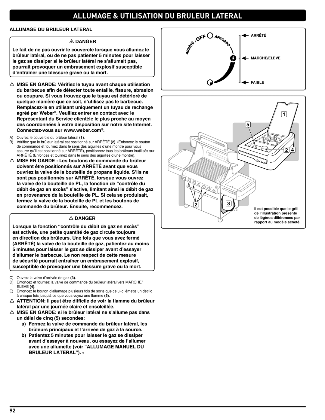 Weber 56211, E/S 470 LP Allumage & Utilisation DU Bruleur Lateral, Allumage DU Bruleur Lateral, Arrêté MARCHE/ELEVE Faible 