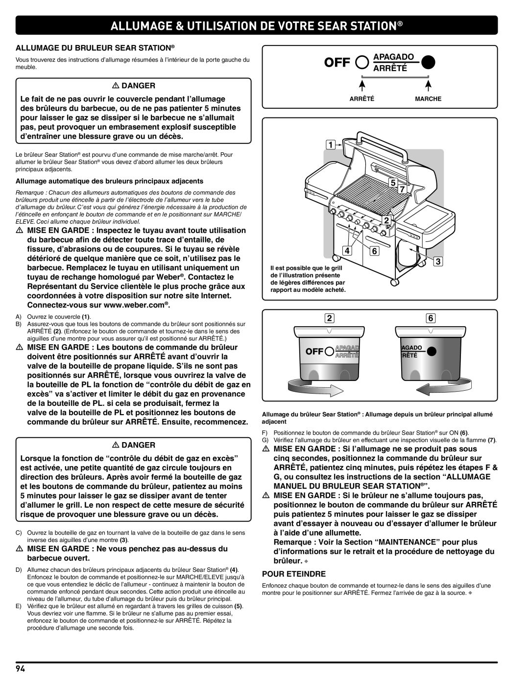 Weber 56211, E/S 470 LP manual Allumage & Utilisation DE Votre Sear Station, Allumage DU Bruleur Sear Station, Arrêté Marche 