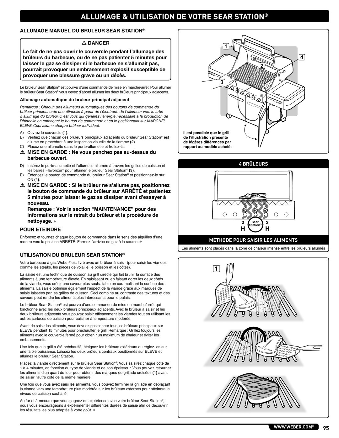 Weber E/S 470 LP, 56211 manual Allumage Manuel DU Bruleur Sear Station, Utilisation DU Bruleur Sear Station 