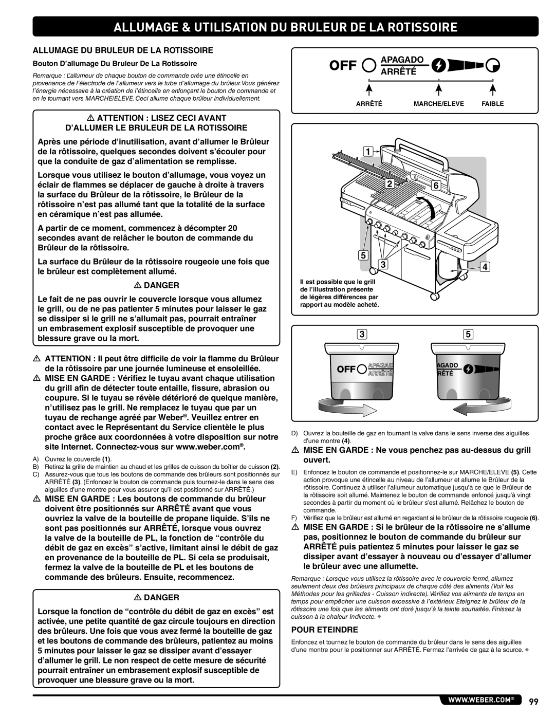 Weber E/S 470 LP, 56211 manual Allumage & Utilisation DU Bruleur DE LA Rotissoire, Allumage DU Bruleur DE LA Rotissoire 