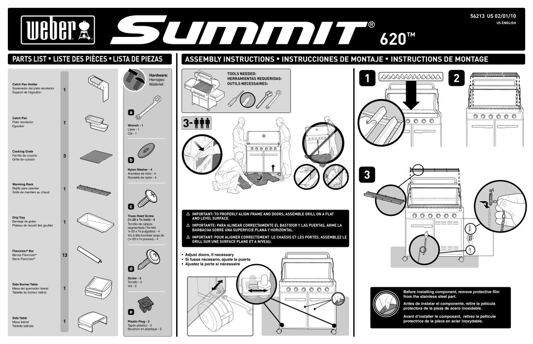 Weber 56213 manual 620, Hardware, Tools Needed, Outils Necessaires, Barbacoa Sobre UNA Superficie Plana Y Horizontal 