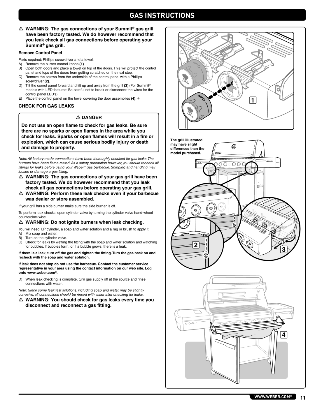 Weber 56214 manual Check for GAS Leaks, Remove Control Panel 