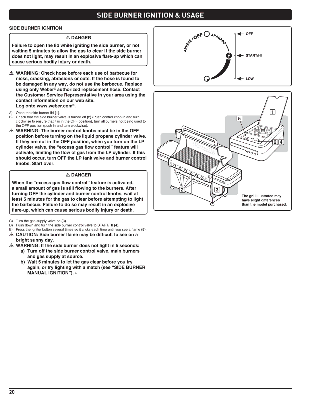 Weber 56214 manual Side Burner Ignition & Usage, Off, Start/Hi Low 