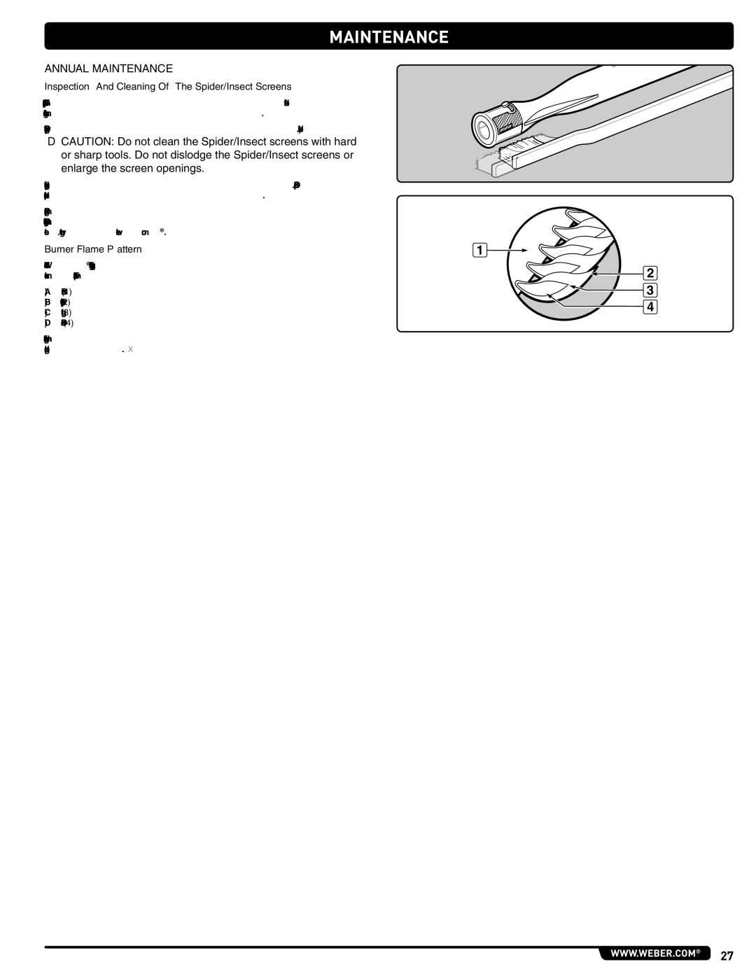 Weber 56214 manual Annual Maintenance, Inspection And Cleaning Of The Spider/Insect Screens, Burner Flame Pattern 