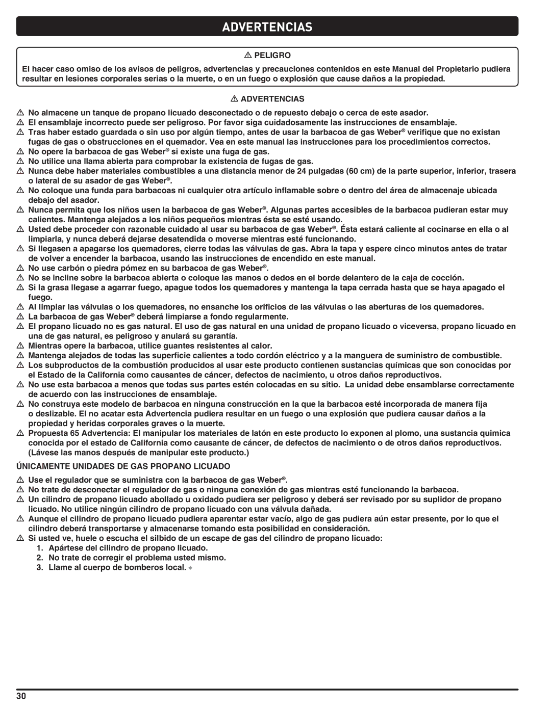 Weber 56214 manual Advertencias, Únicamente Unidades DE GAS Propano Licuado 