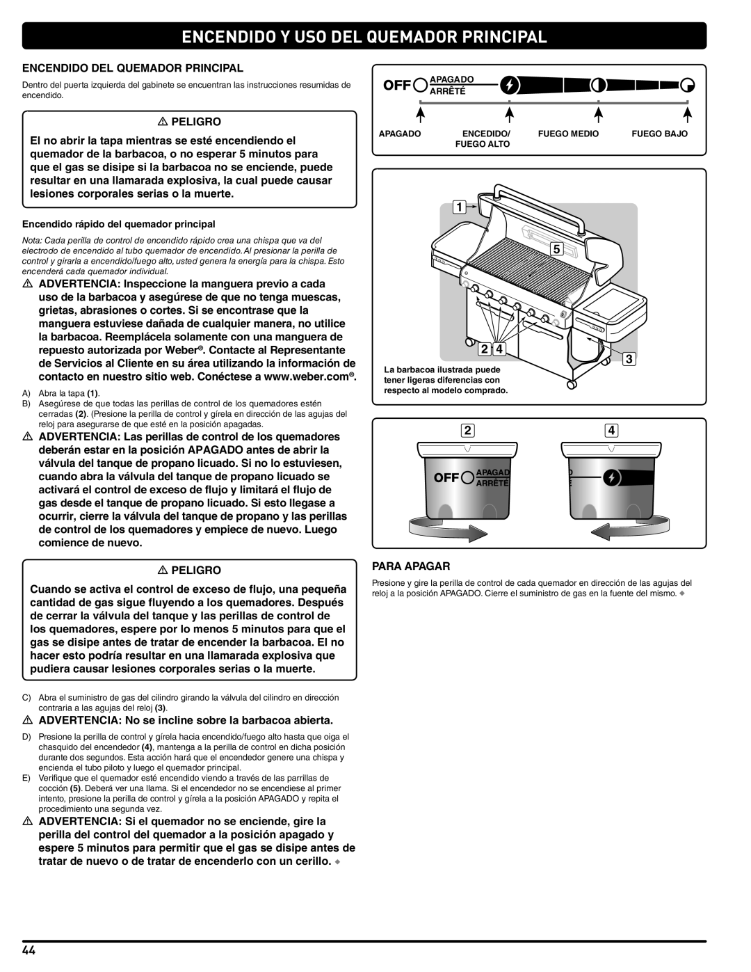 Weber 56214 manual Encendido Y USO DEL Quemador Principal, Encendido DEL Quemador Principal, Para Apagar 