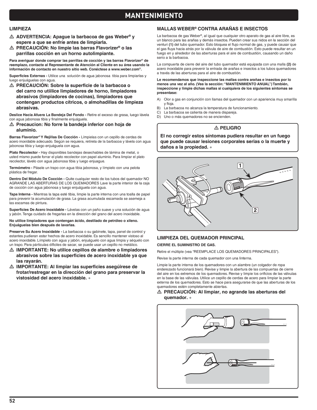 Weber 56214 manual Mantenimiento, Mallas Weber Contra Arañas E Insectos, Limpieza DEL Quemador Principal 