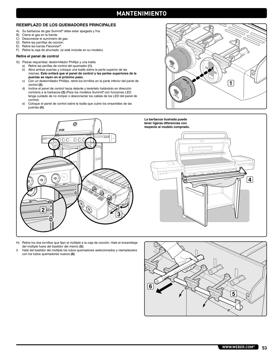 Weber 56214 manual Reemplazo DE LOS Quemadores Principales, Retire el panel de control 