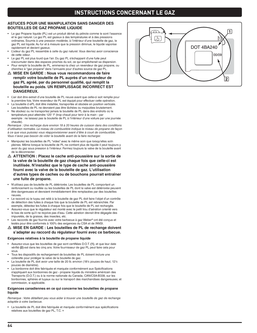 Weber 56214 manual Instructions Concernant LE GAZ, Exigences relatives à la bouteille de propane liquide 