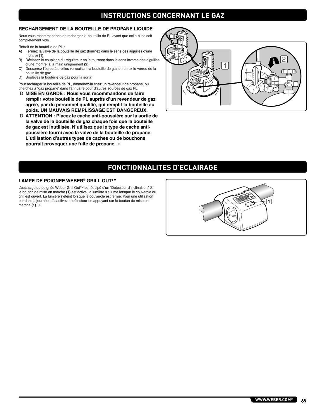 Weber 56214 Fonctionnalites D’ECLAIRAGE, Rechargement DE LA Bouteille DE Propane Liquide, Lampe DE Poignee Weber Grill OUT 