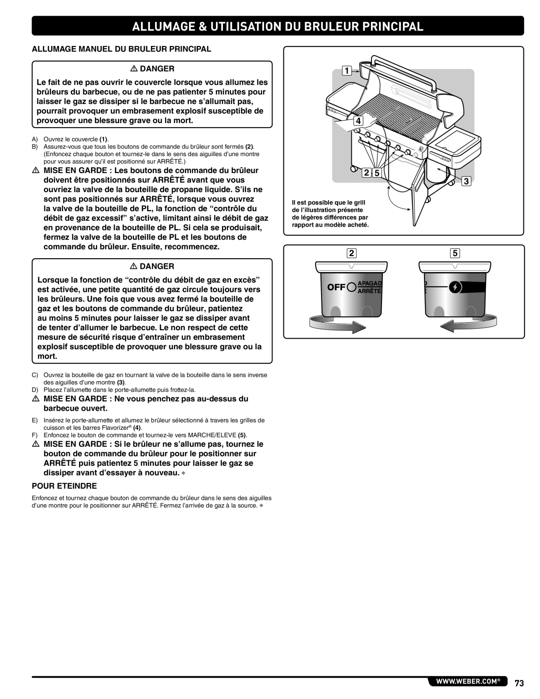 Weber 56214 manual Allumage Manuel DU Bruleur Principal, Commande du brûleur. Ensuite, recommencez 