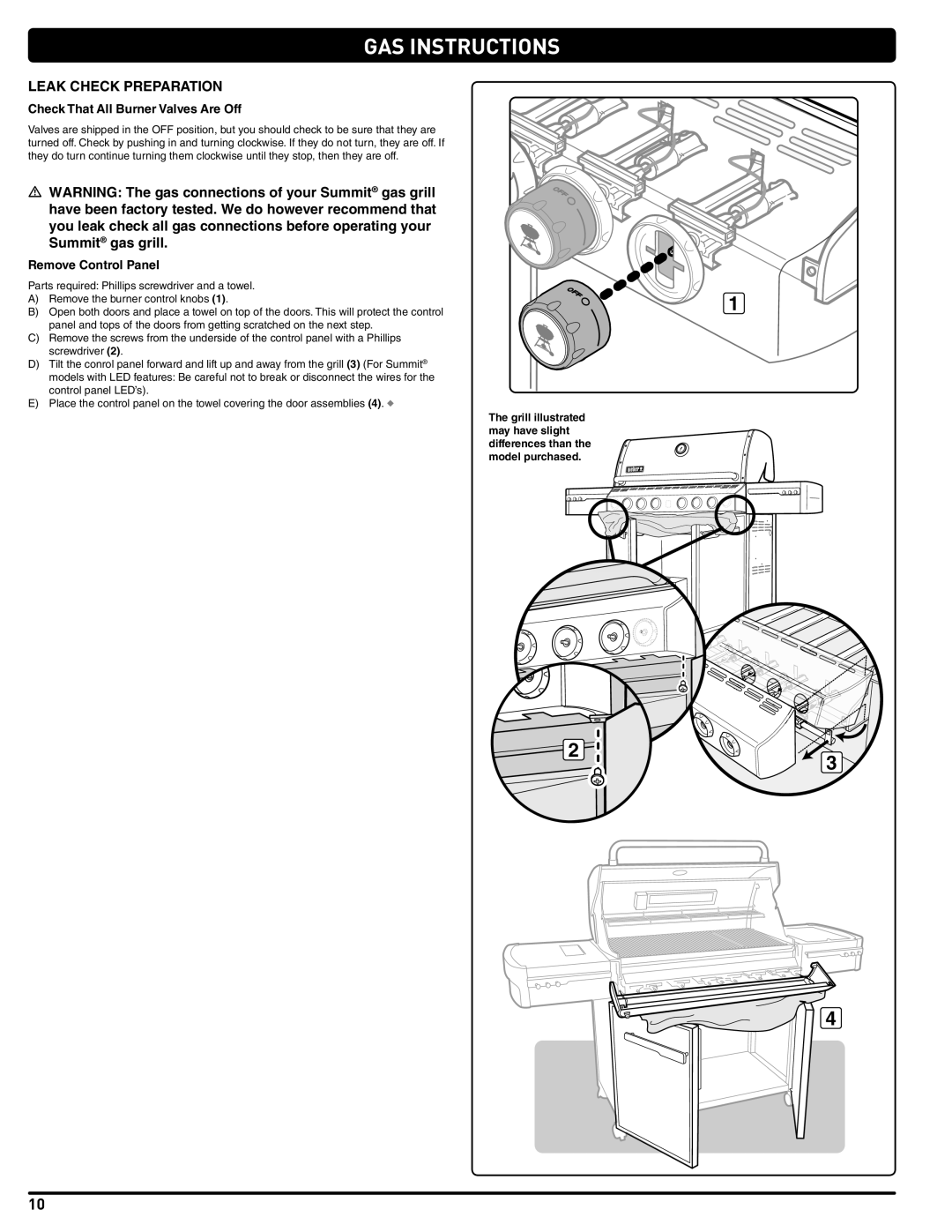 Weber 56216 manual Leak Check Preparation, Check That All Burner Valves Are Off, Remove Control Panel 