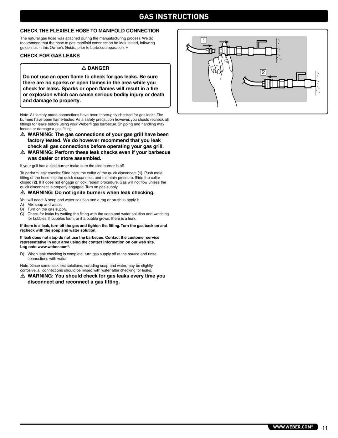 Weber 56216 manual Check the Flexible Hose to Manifold Connection, Check for GAS Leaks 