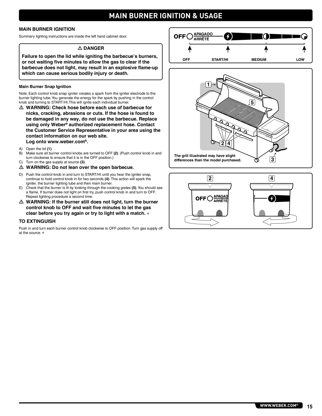 Weber 56216 manual Main Burner Ignition & Usage, To Extinguish, Main Burner Snap Ignition, OFF START/HI Medium 