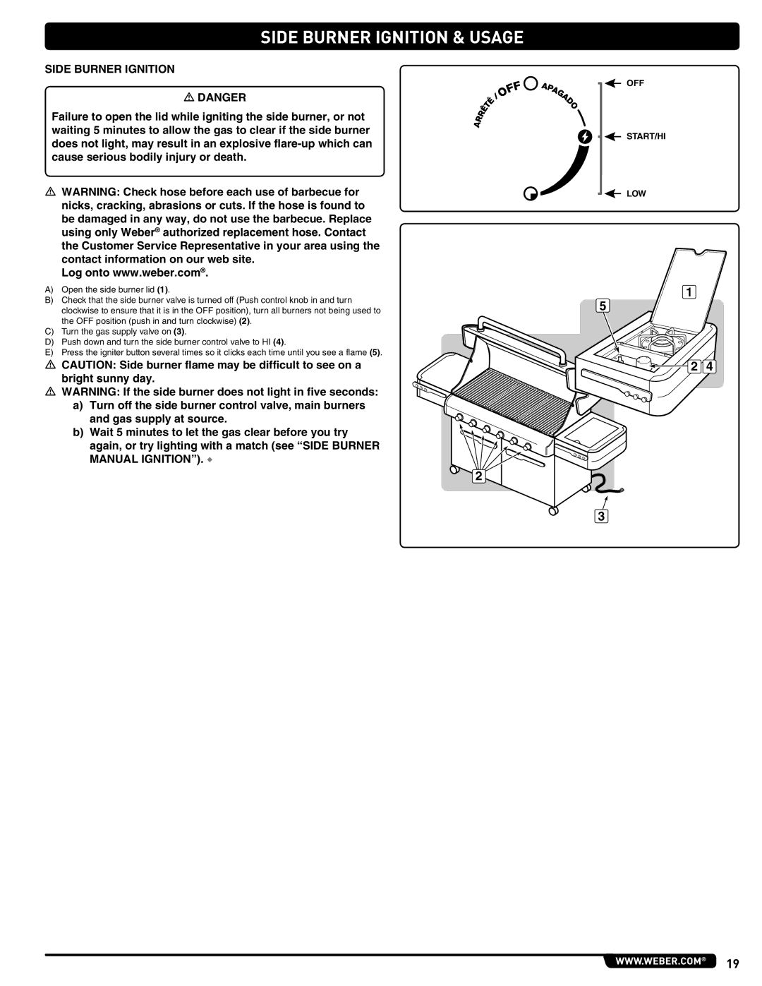 Weber 56216 manual Side Burner Ignition & Usage, Off Start/Hi Low 