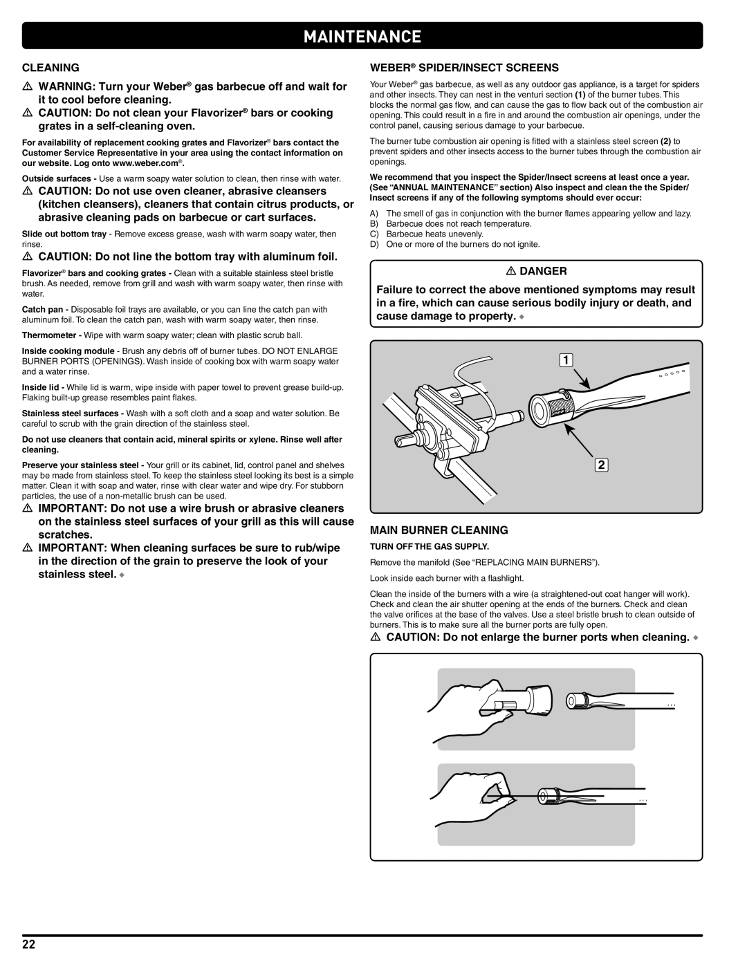 Weber 56216 manual Maintenance, Weber SPIDER/INSECT Screens, Main Burner Cleaning, Turn OFF the GAS Supply 