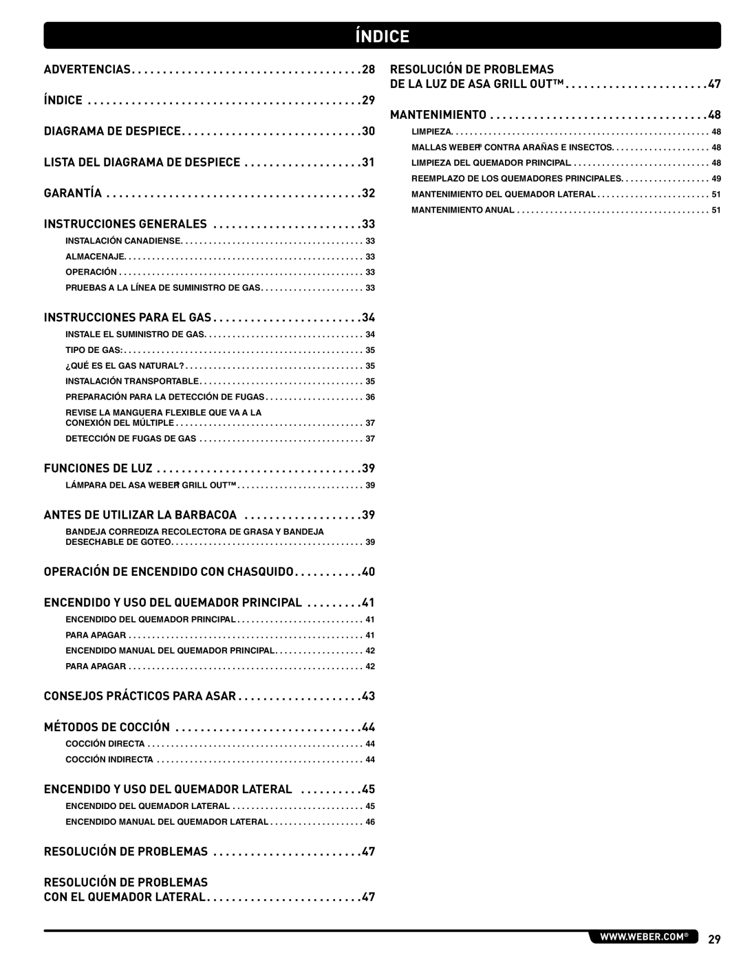 Weber 56216 manual Índice, Instrucciones Generales 