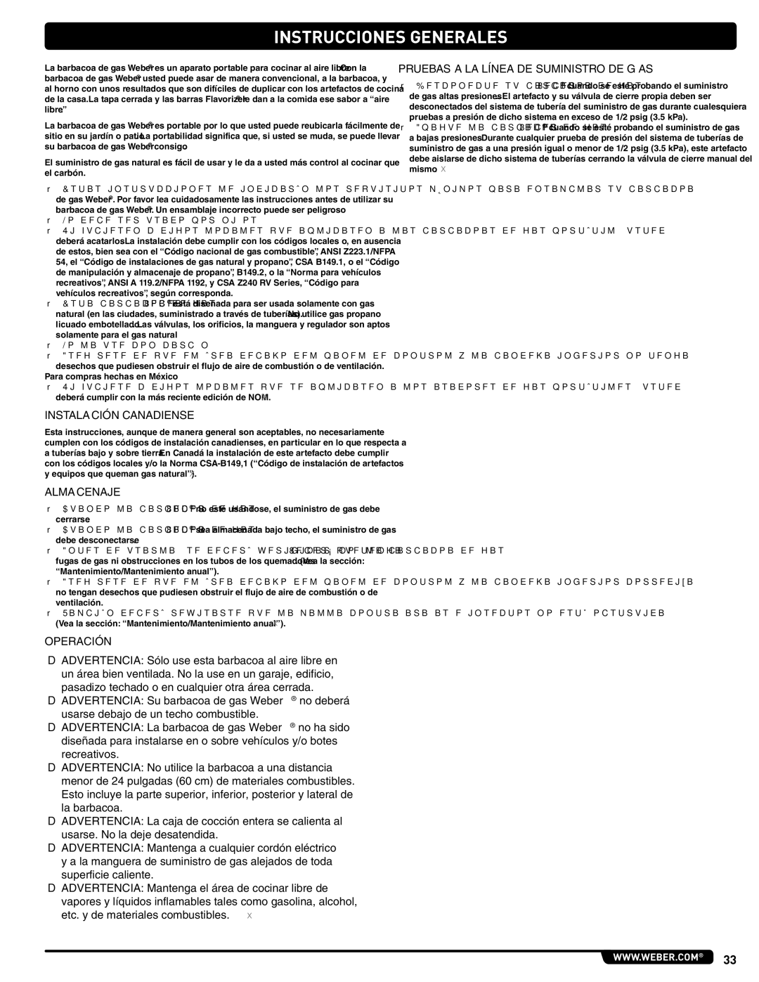 Weber 56216 manual Instrucciones Generales, Instalación Canadiense, Almacenaje, Operación 