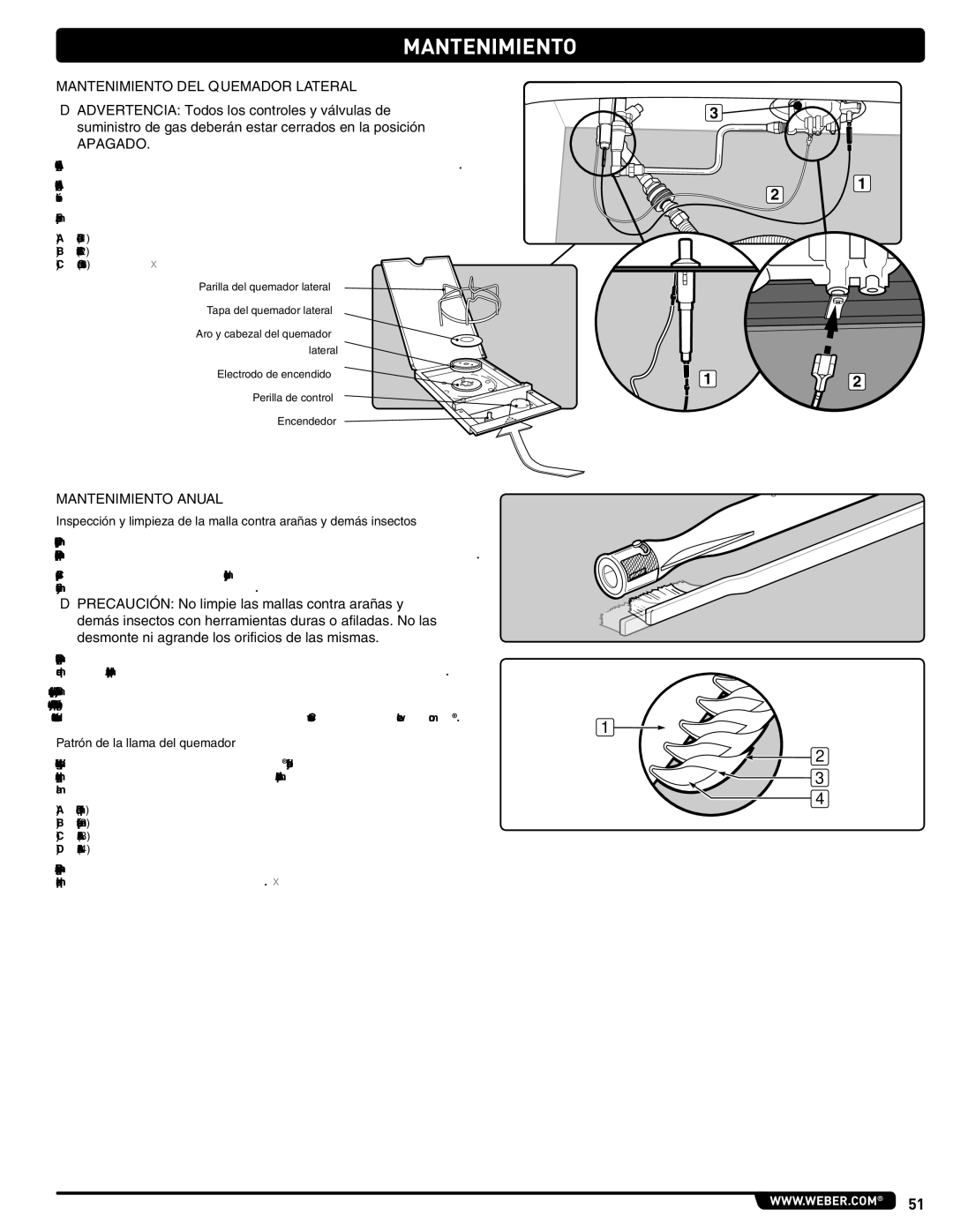 Weber 56216 manual Mantenimiento DEL Quemador Lateral, Apagado, Mantenimiento Anual, Patrón de la llama del quemador 