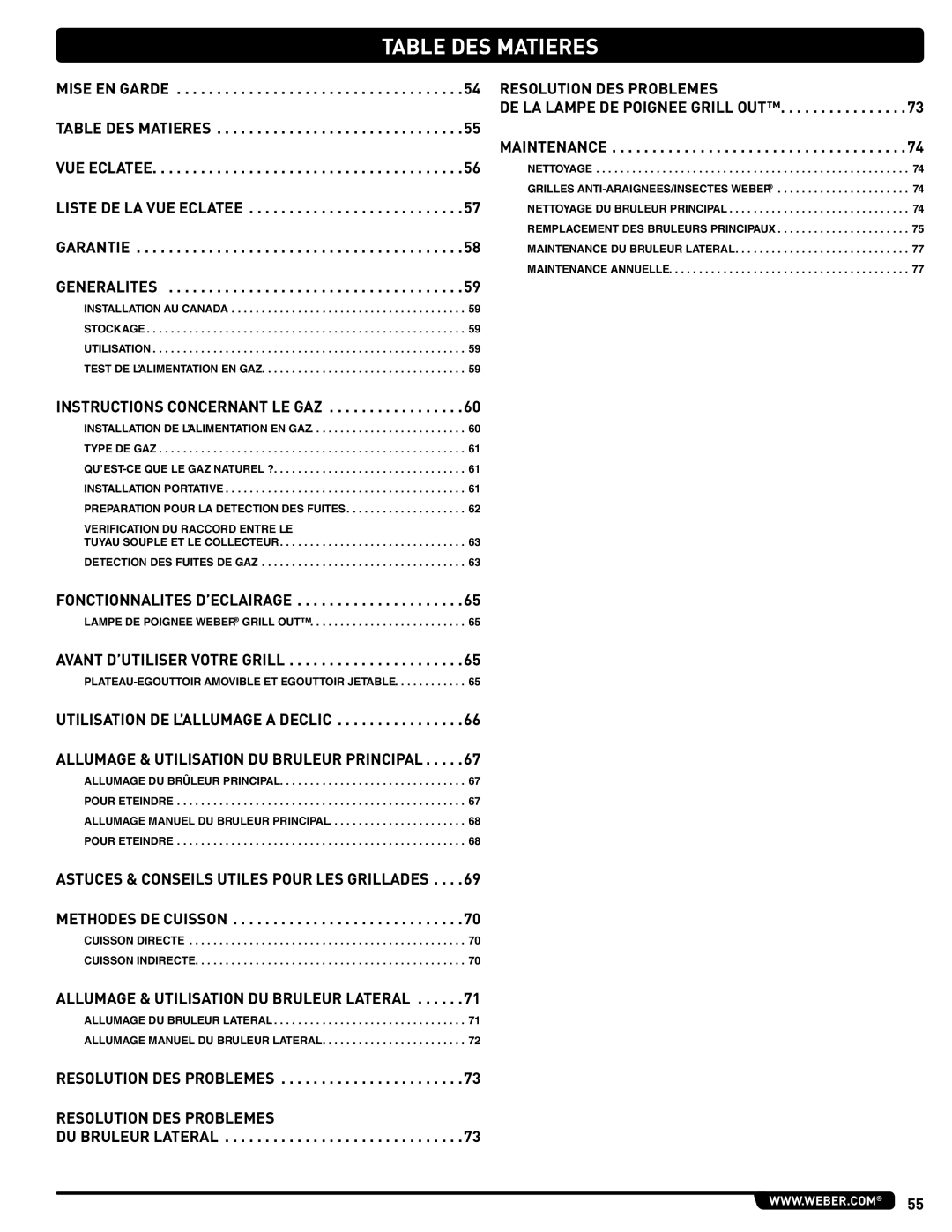Weber 56216 manual Table DES Matieres, Instructions Concernant LE GAZ 