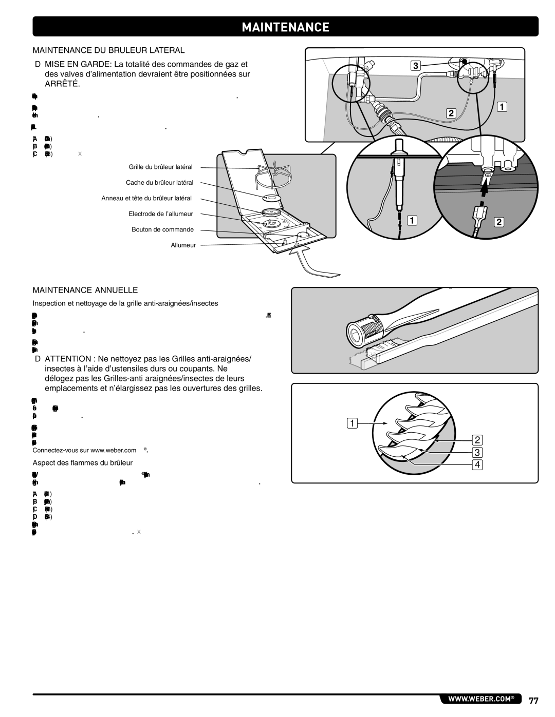 Weber 56216 manual Maintenance DU Bruleur Lateral, Arrêté, Maintenance Annuelle, Aspect des flammes du brûleur 