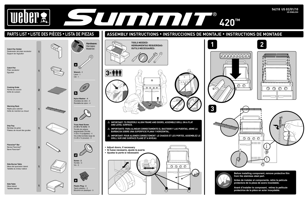 Weber 56218 manual 420, Herrajes, Matériel, Barbacoa Sobre UNA Superficie Plana Y Horizontal 