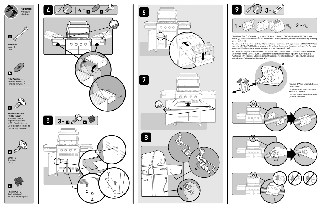 Weber 56218 manual Hardware, Herrajes Matériel, Wrench, Nylon Washer, Plastic Plug 3 Tapón plástico 3 Bouchon en plastique 