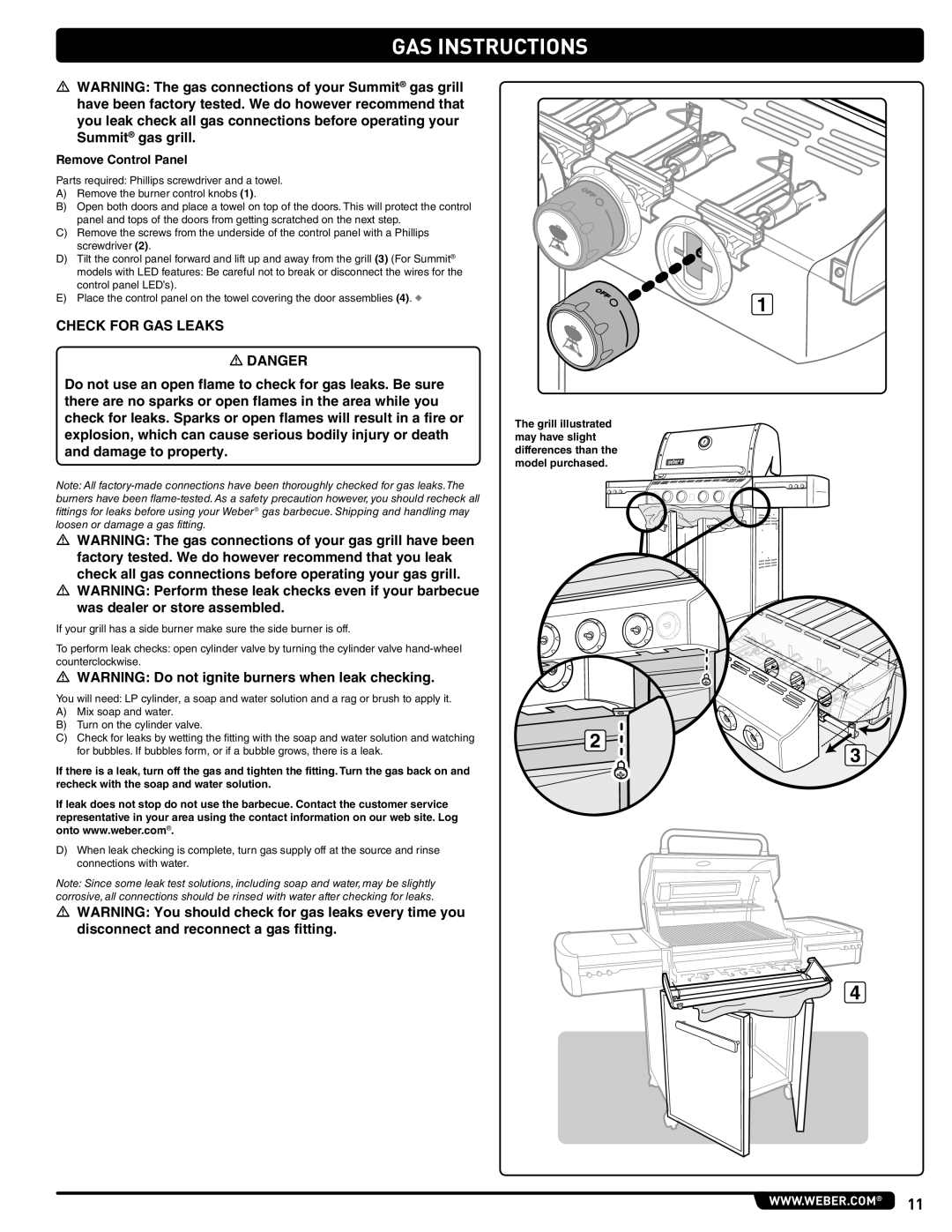 Weber 56219 manual Check for GAS Leaks, Remove Control Panel 