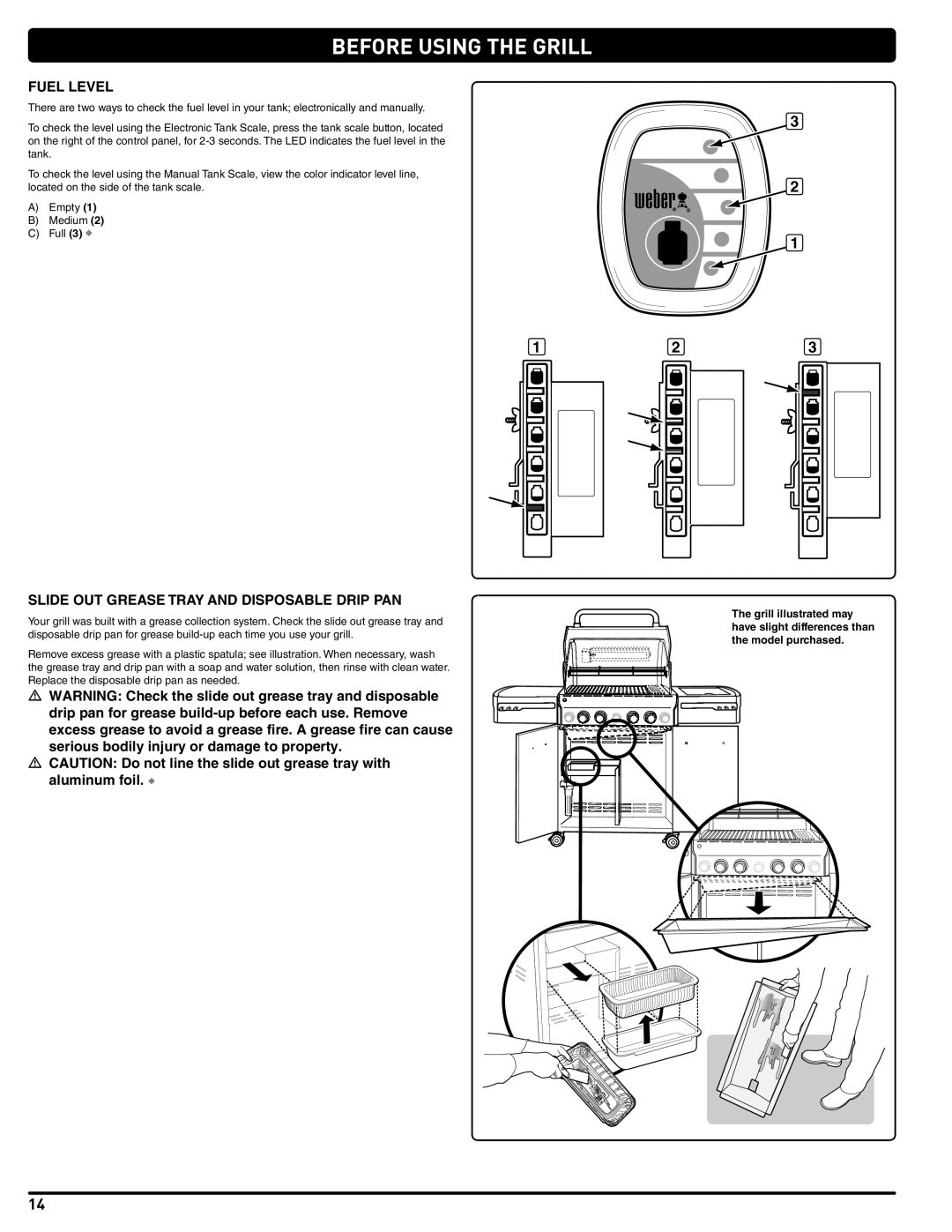 Weber 56219 manual Before Using the Grill, Fuel Level, Slide OUT Grease Tray and Disposable Drip PAN 