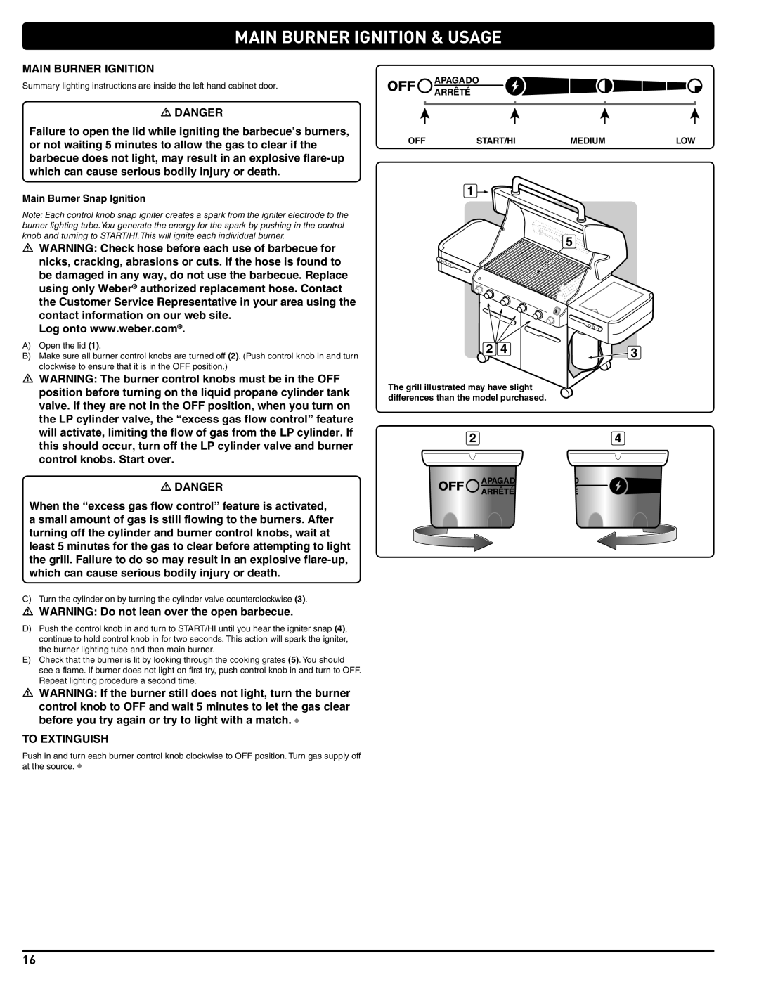 Weber 56219 manual Main Burner Ignition & Usage, To Extinguish, Main Burner Snap Ignition, OFF START/HI Medium 