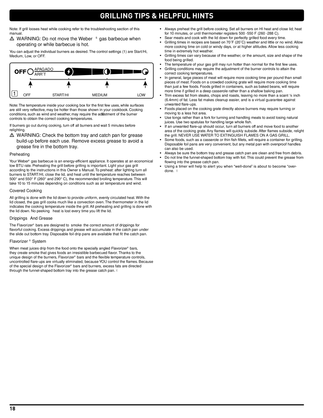 Weber 56219 manual Grilling Tips & Helpful Hints, Preheating Covered Cooking, Drippings And Grease, Flavorizer System 
