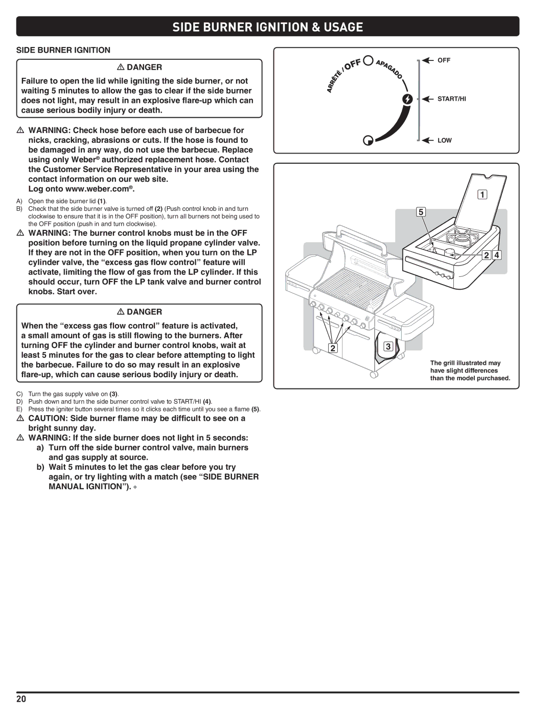 Weber 56219 manual Side Burner Ignition & Usage, Off Start/Hi Low 