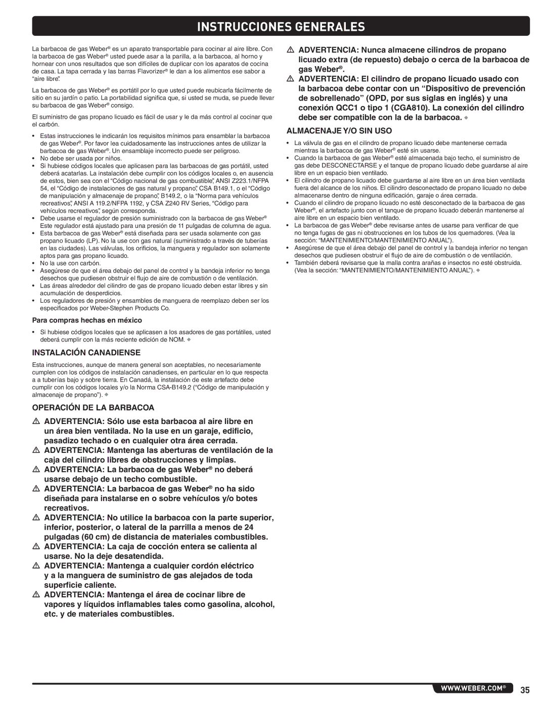 Weber 56219 manual Instrucciones Generales, Instalación Canadiense, Operación DE LA Barbacoa, Almacenaje Y/O SIN USO 