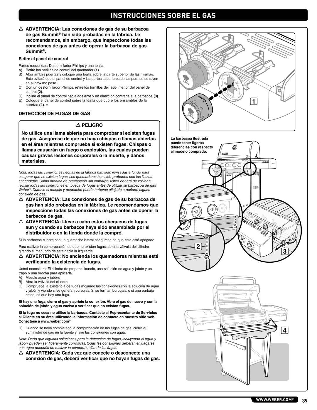 Weber 56219 manual Detección DE Fugas DE GAS, Retire el panel de control 