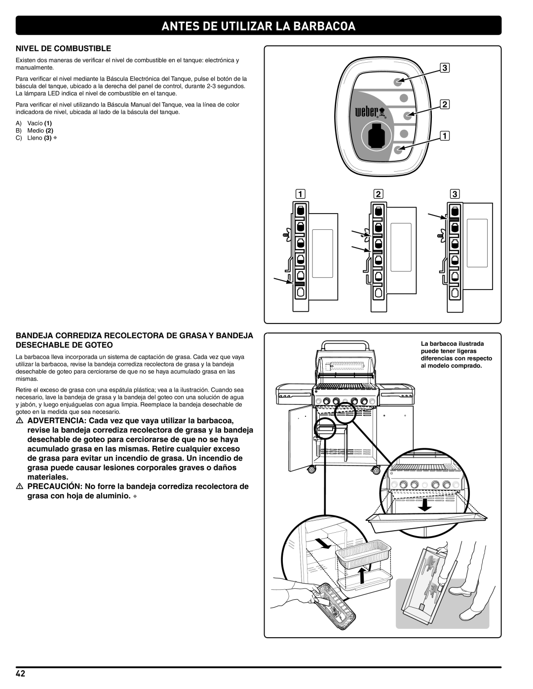 Weber 56219 manual Antes DE Utilizar LA Barbacoa, Nivel DE Combustible 